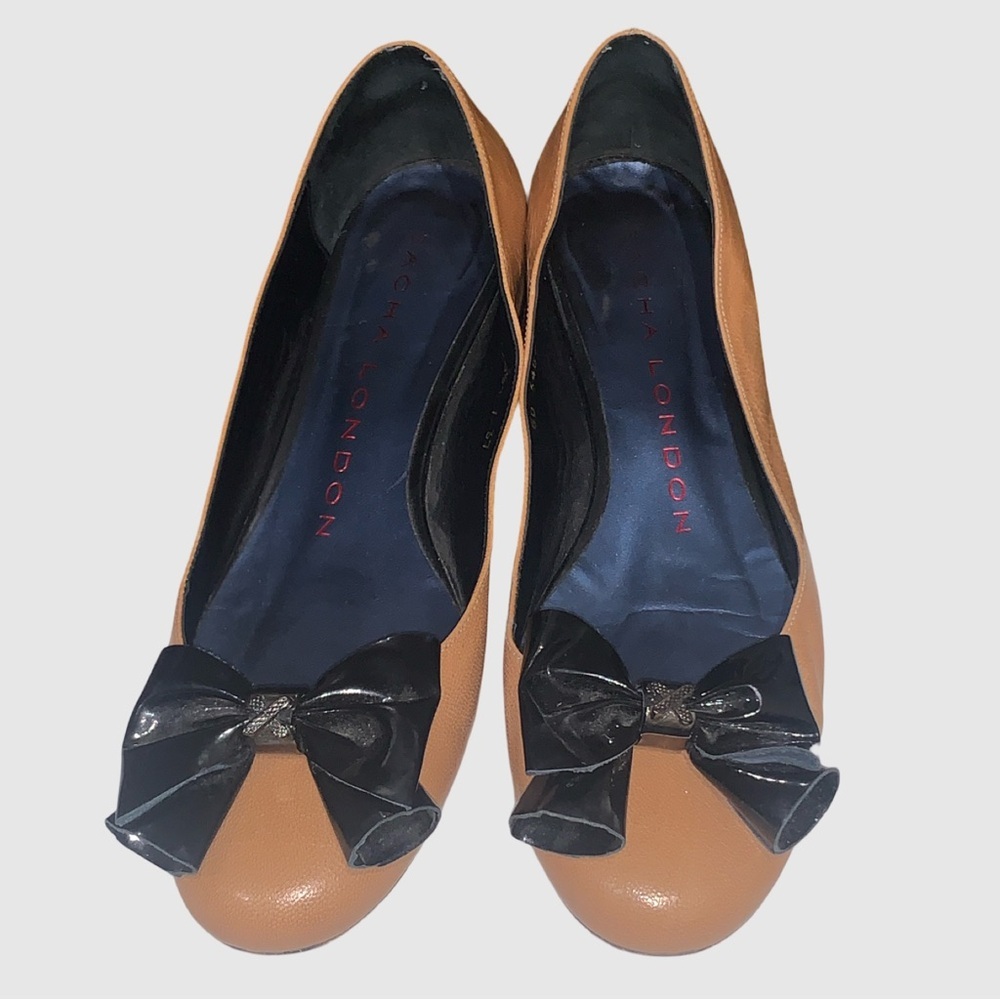 Vintage Sacha London Toffee & Black Leather Block Heel Bow Accent Shoes Size 7